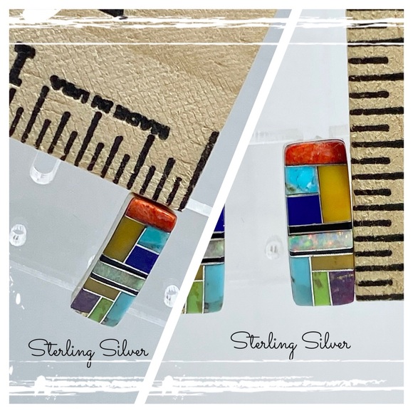 Signed-SM Multi Stone Inlaid Curve Sterling Silver Post Back Native Earrings - Picture 10 of 10